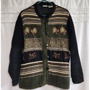 Vintage Tapestry Jacket Womens Large Olive Green Chenille Boho Art to Wear